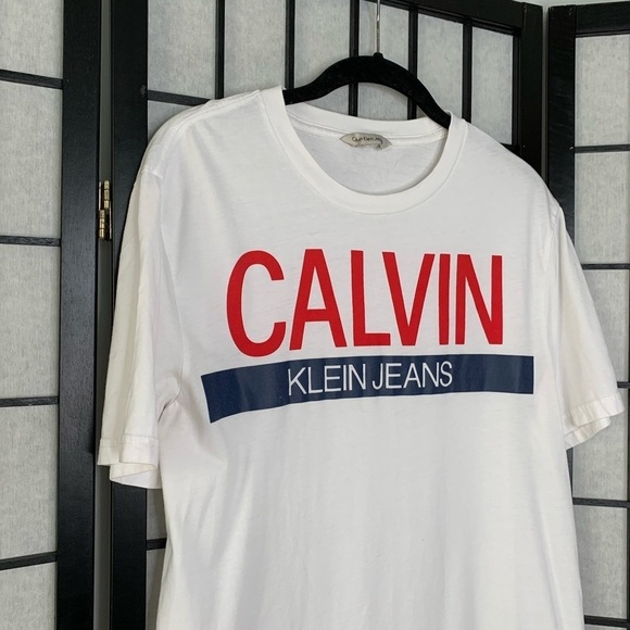 Men’s Calvin Klein Jeans Logo Graphic Monogram Crewneck T-Shirt White Red Medium - Picture 5 of 10